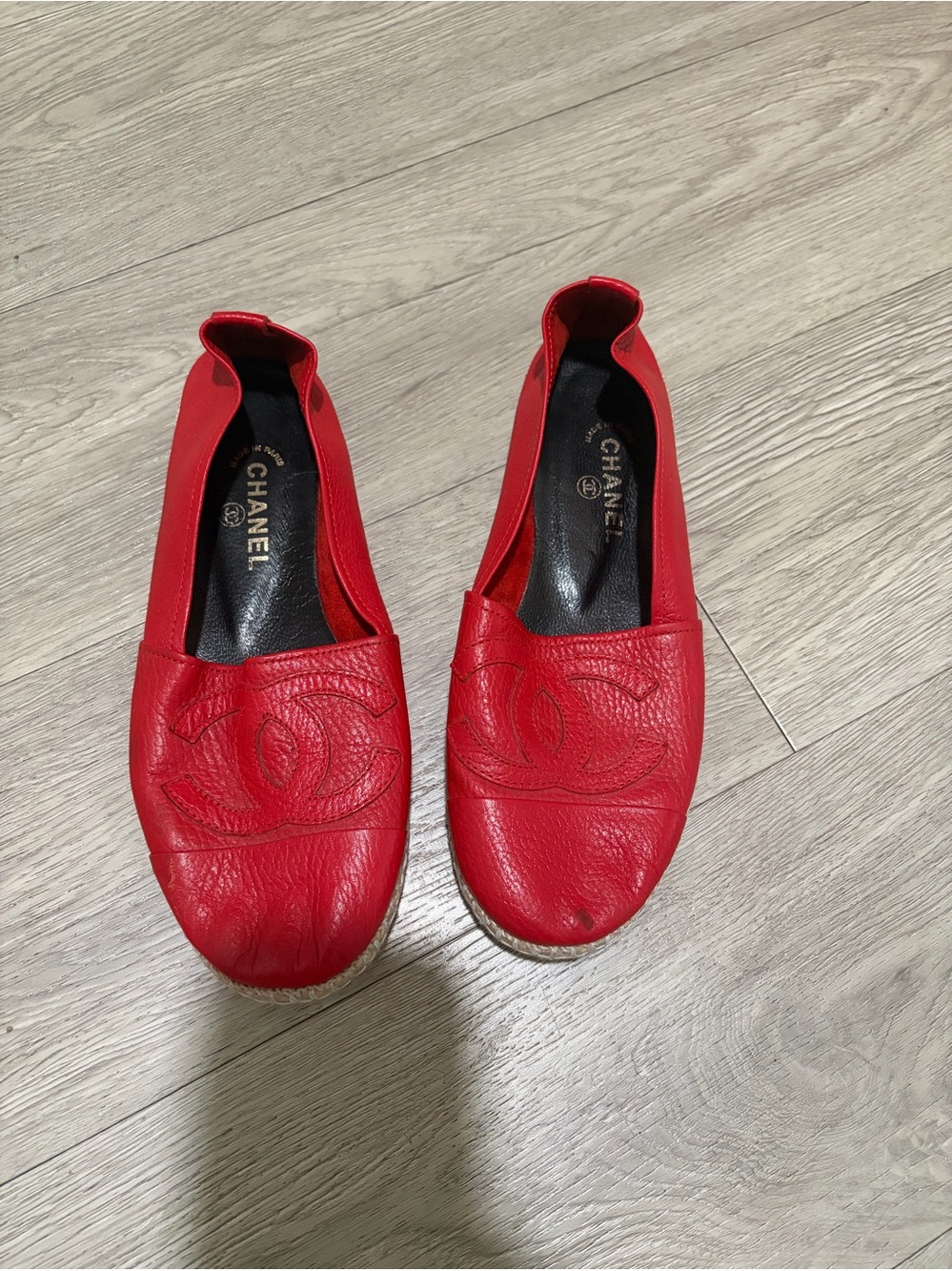 CHANEL Red Leather Espadrille Mules with Embossed CC
